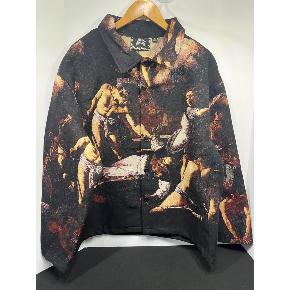 Rebel Vengeance Men Renaissance Tapestry Jacket Rhinestone Faith Graphic Large